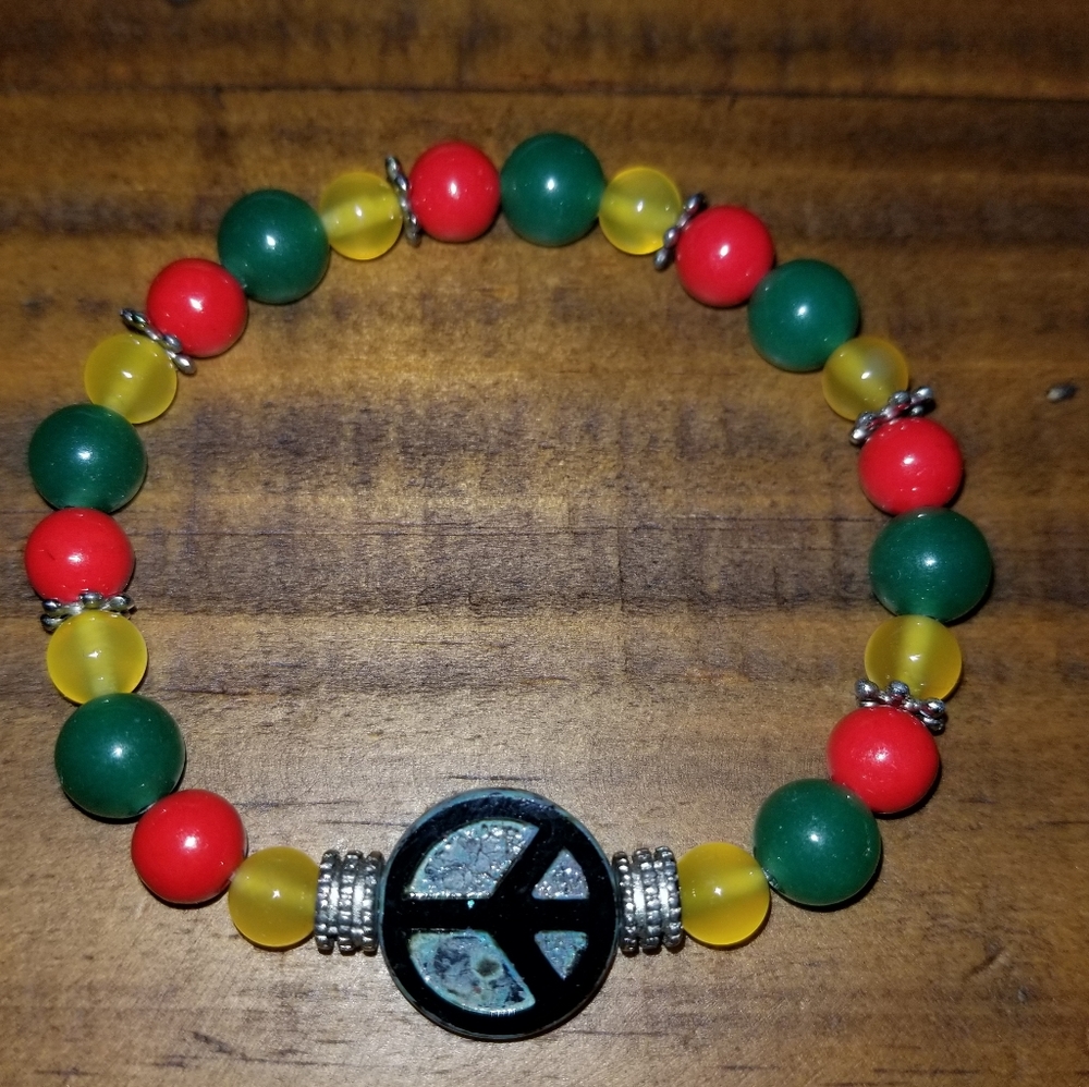 PEACE RASTAFARI REGGAE STONE BEADS STRETCH BRACELE